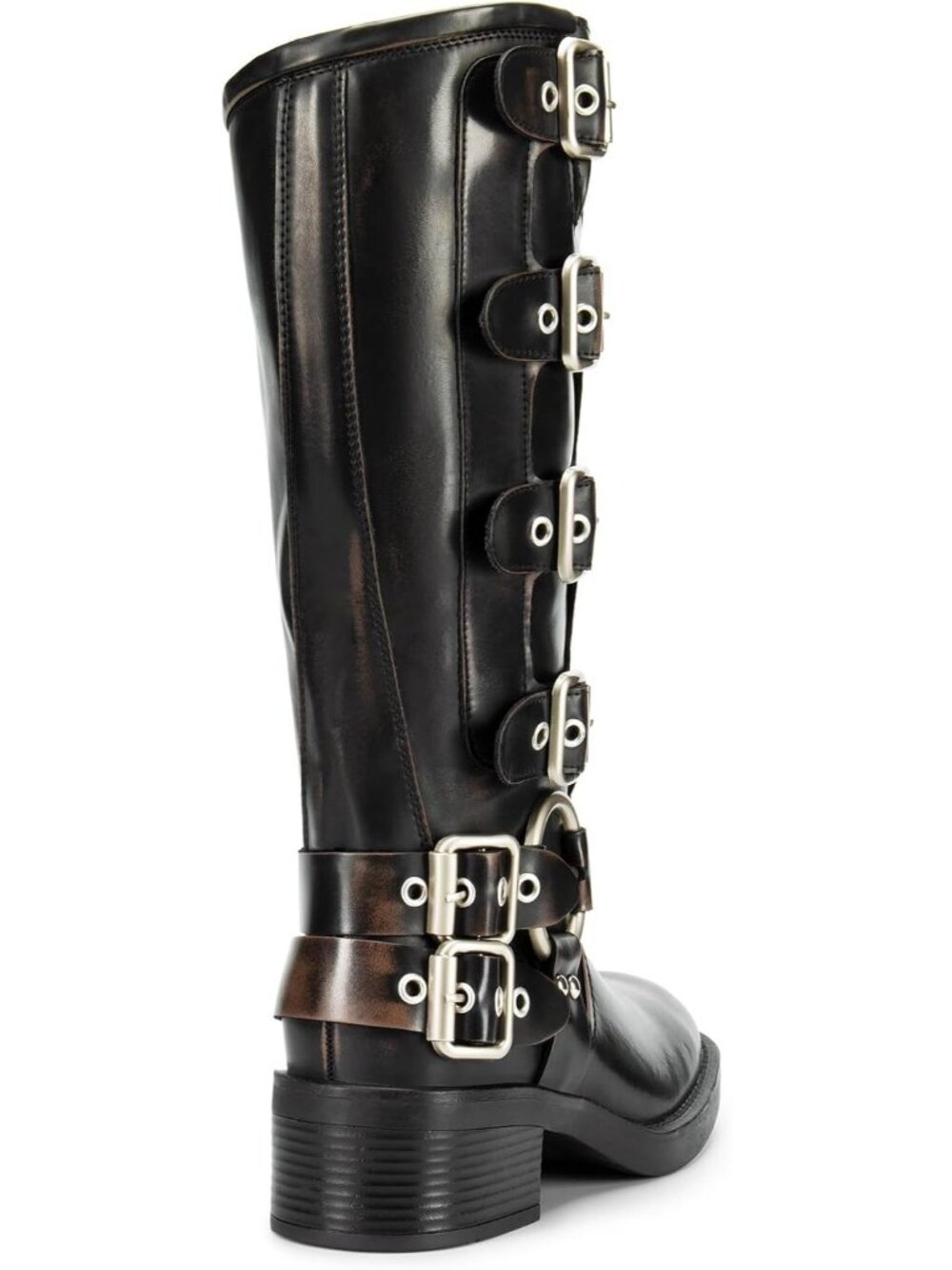 Women's Black/Brown Faux Leather Adjustable Buckles Chunky Heel Knee High Boots - Picture 5 of 6